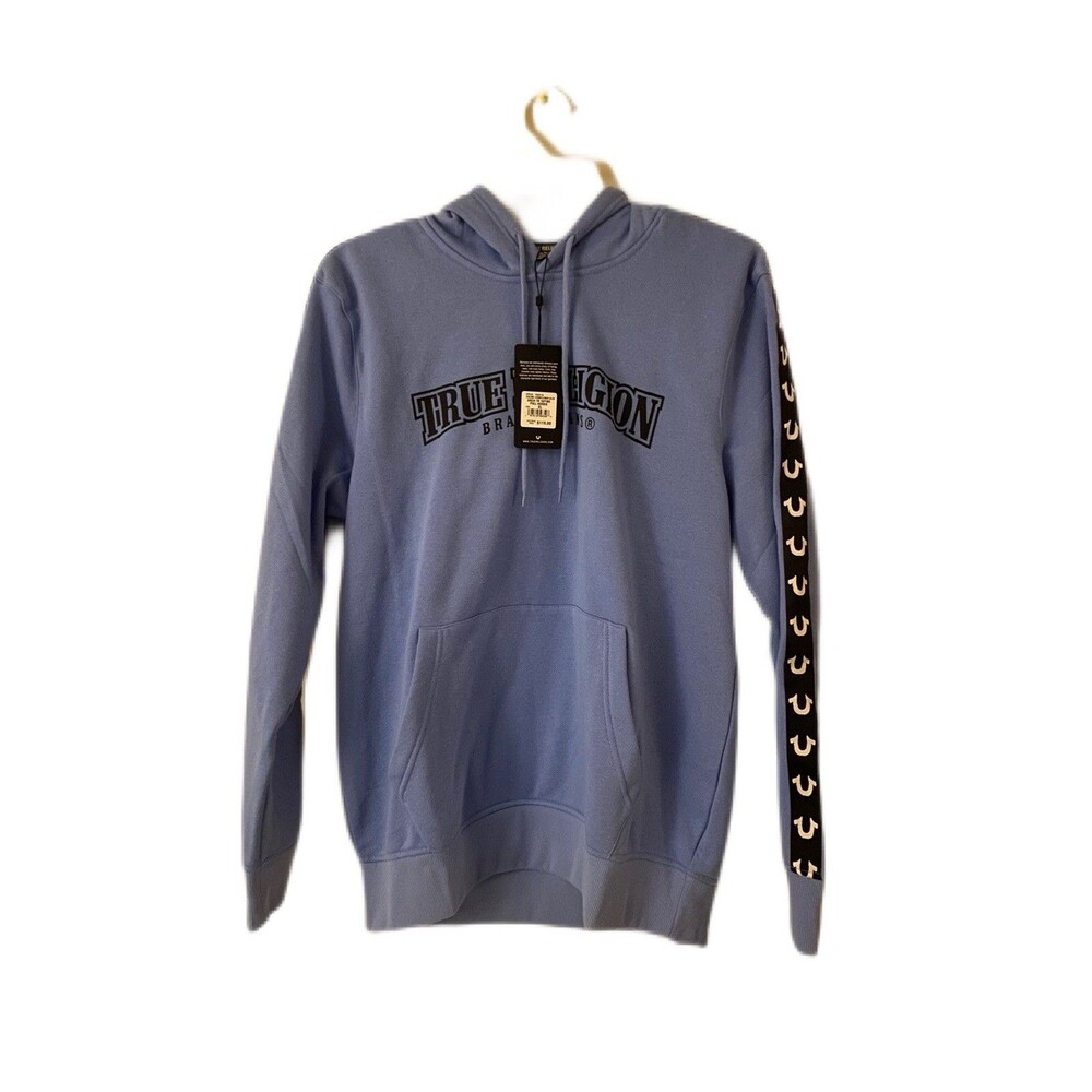 True Religion Men’s XL Cornflower Blue Hooded Sweater Graphic Logo Sleeve Print